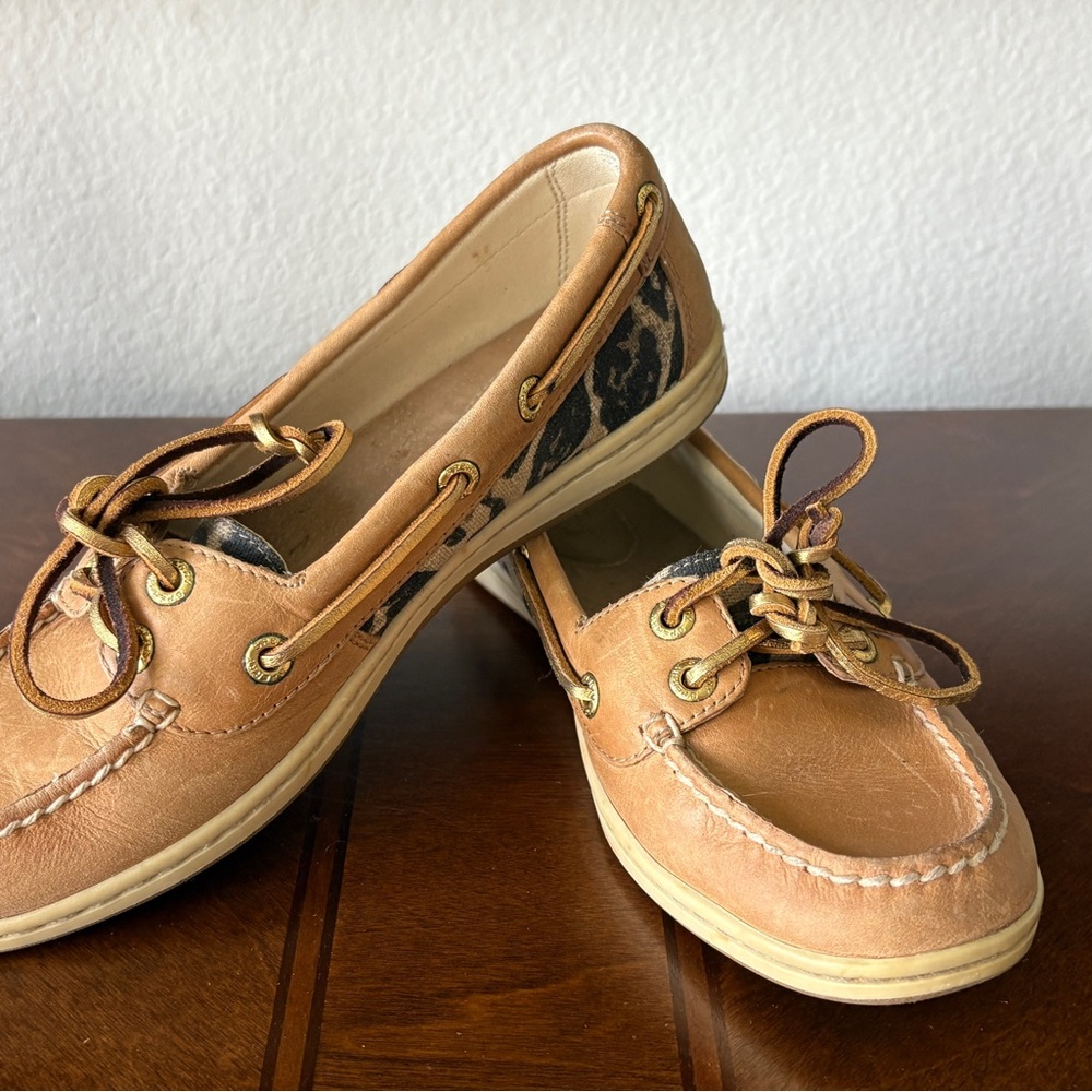 Sperry Tan and Black Leopard Print Loafers